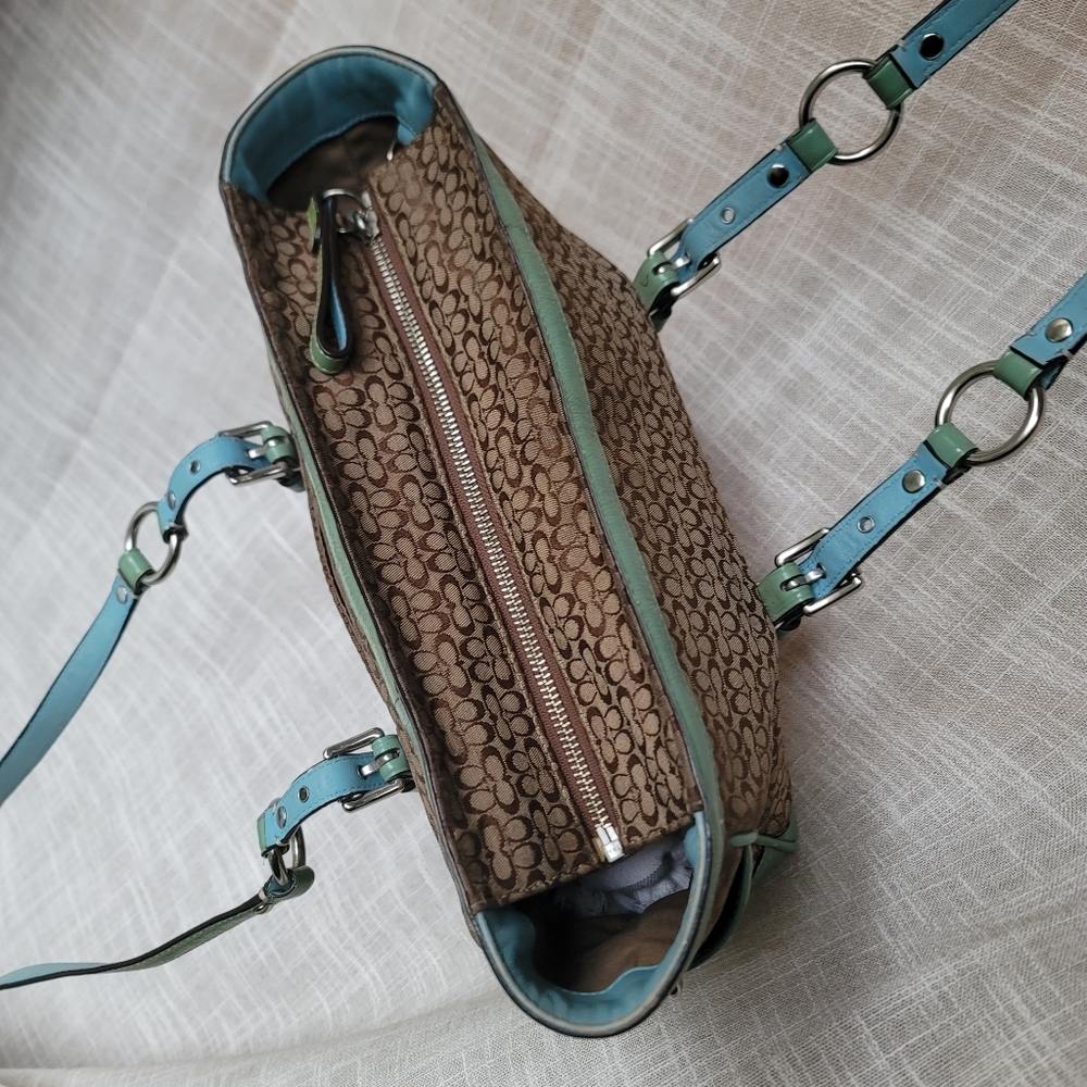 Coach Brown Signature Canvas Tote with Mint Trim and Straps - Picture 6 of 12